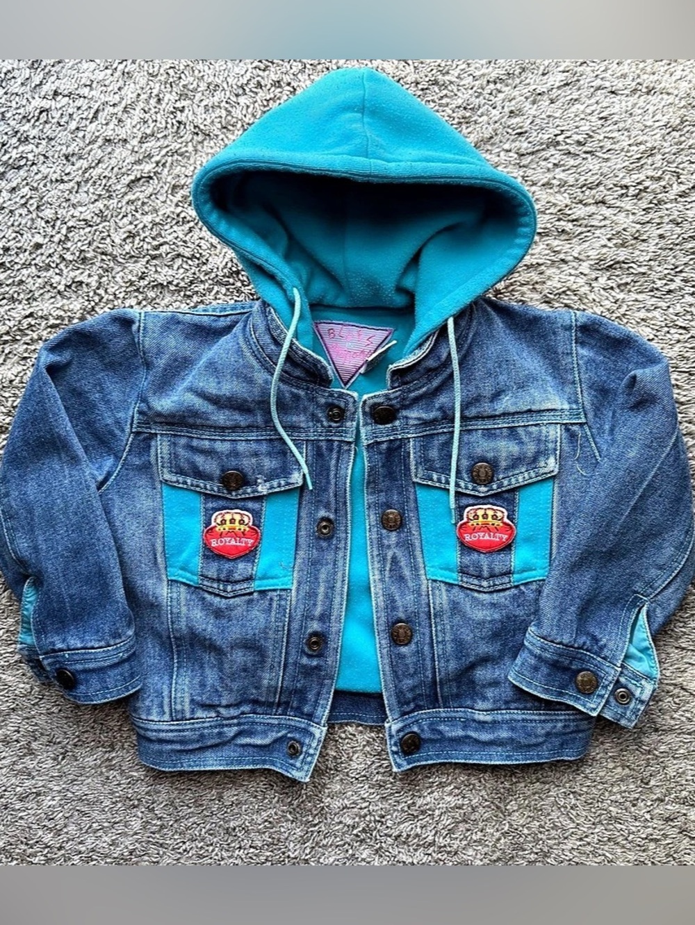 Vintage Y2K Blues in Motion Boys 4T Denim Teal Hooded Jacket Royalty Patch